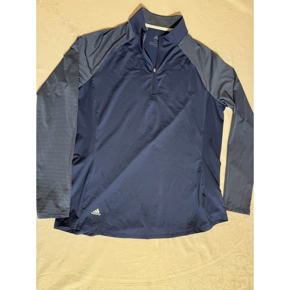 Adidas Womens XL Navy Blue Striped Sleeve Quarter Zip Pullover Golf Shirt